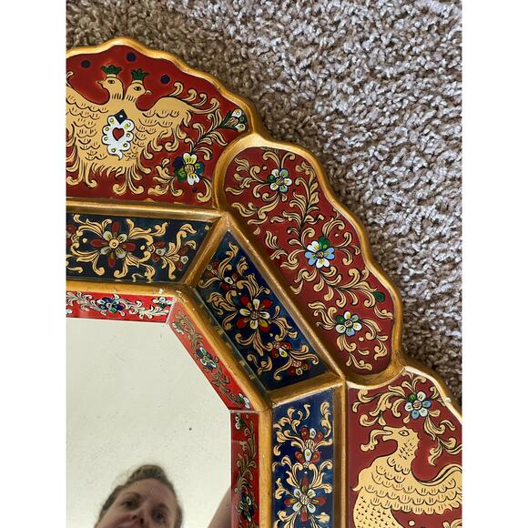 Peruvian Wall Mirror Octagonal Wood Frame Reverse Glass Painting birds flowers - Picture 15 of 16